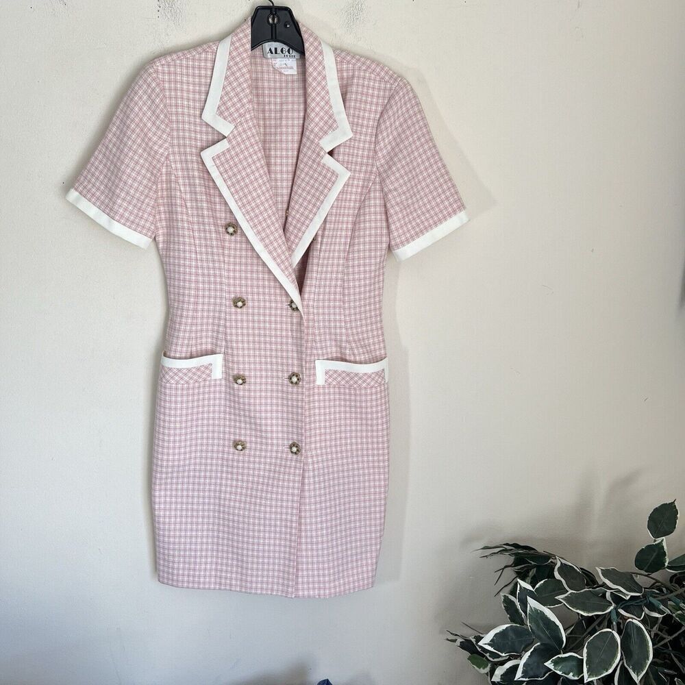Vtg ALGO Double Breasted Dress S Suit Style Pink White Plaid Tweed Buttons